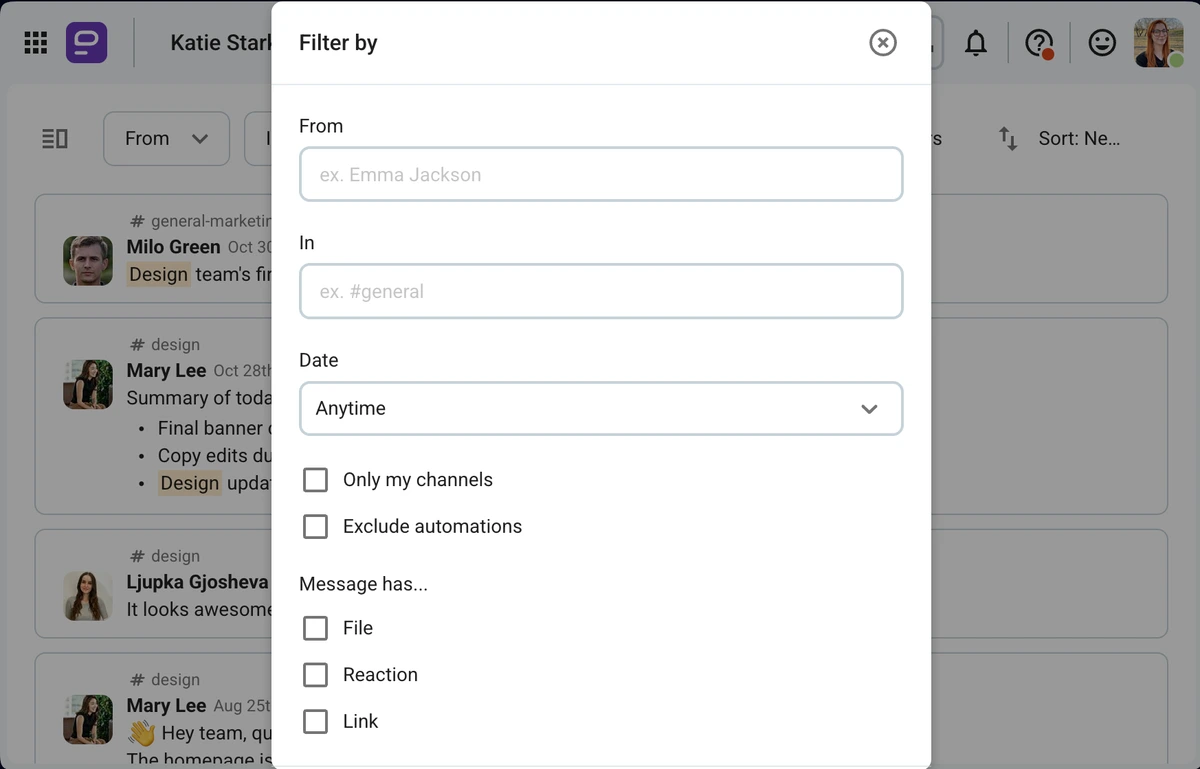 Search filters in Pumble
