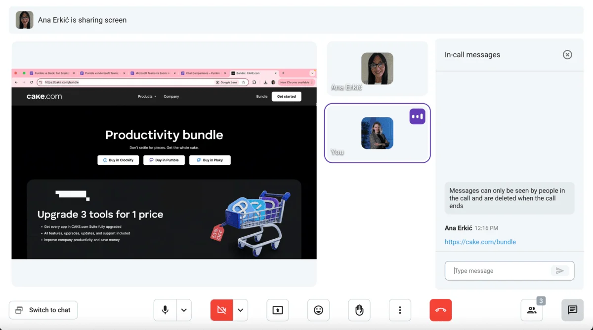 Some of the video conferencing features in Pumble