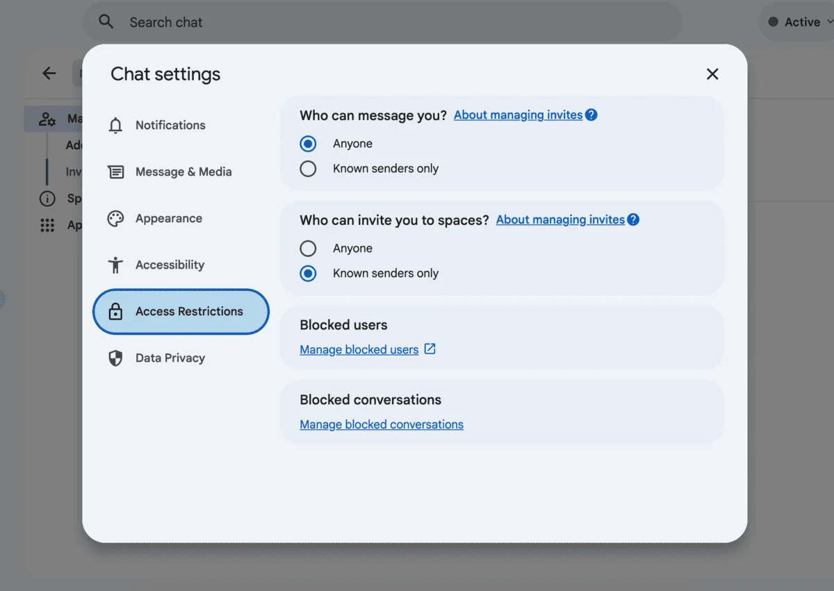 Access management in Google Chat