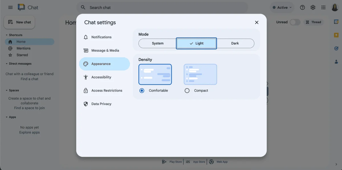 Google Chat interface customization options