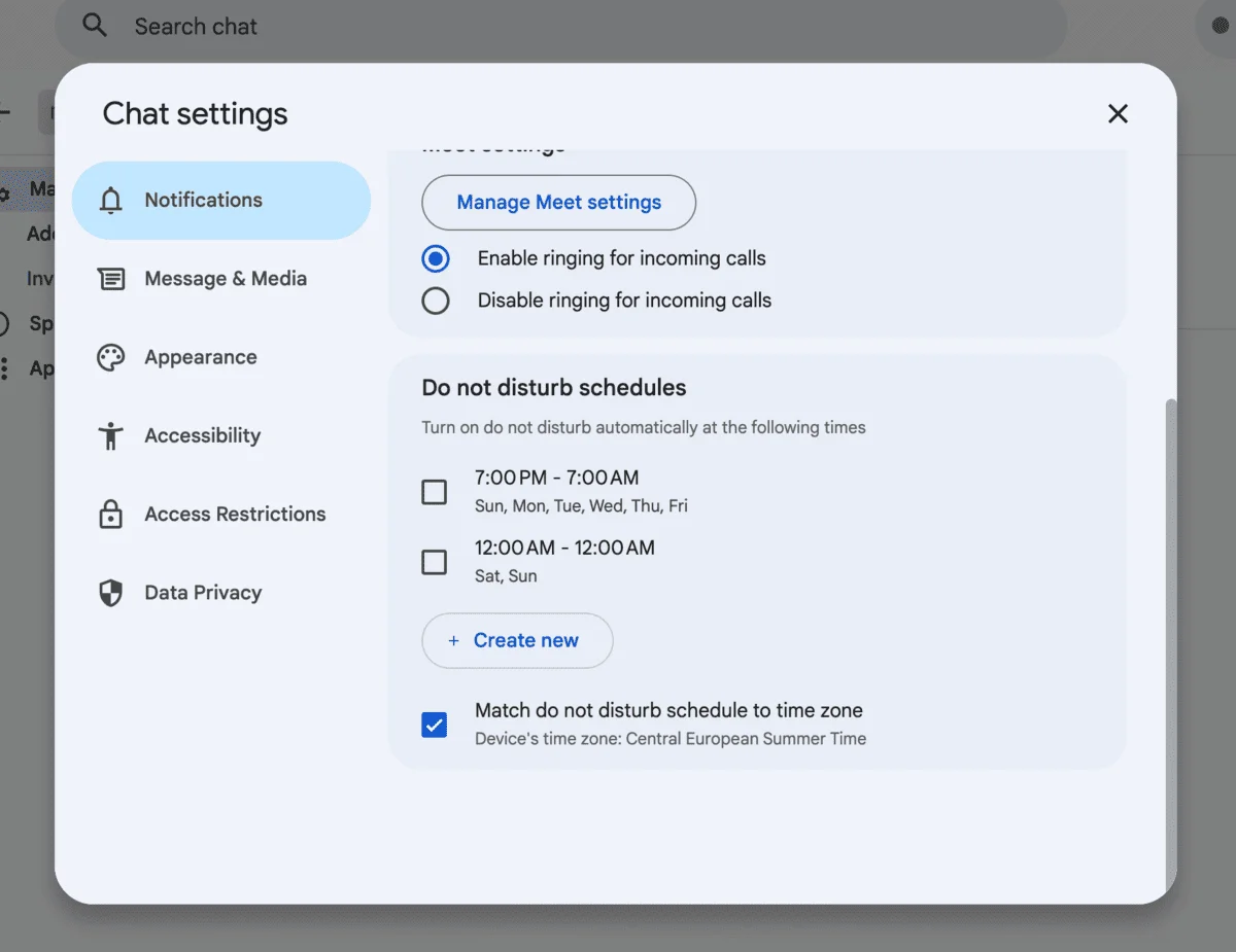 Notification settings in Google Chat