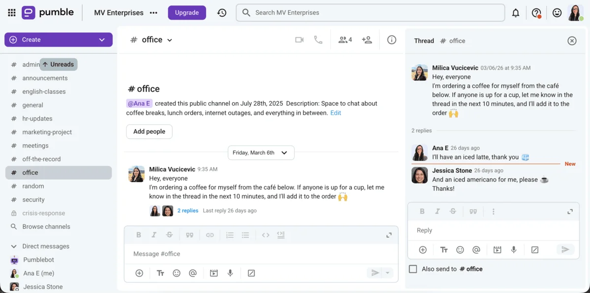 Organized conversations in Pumble