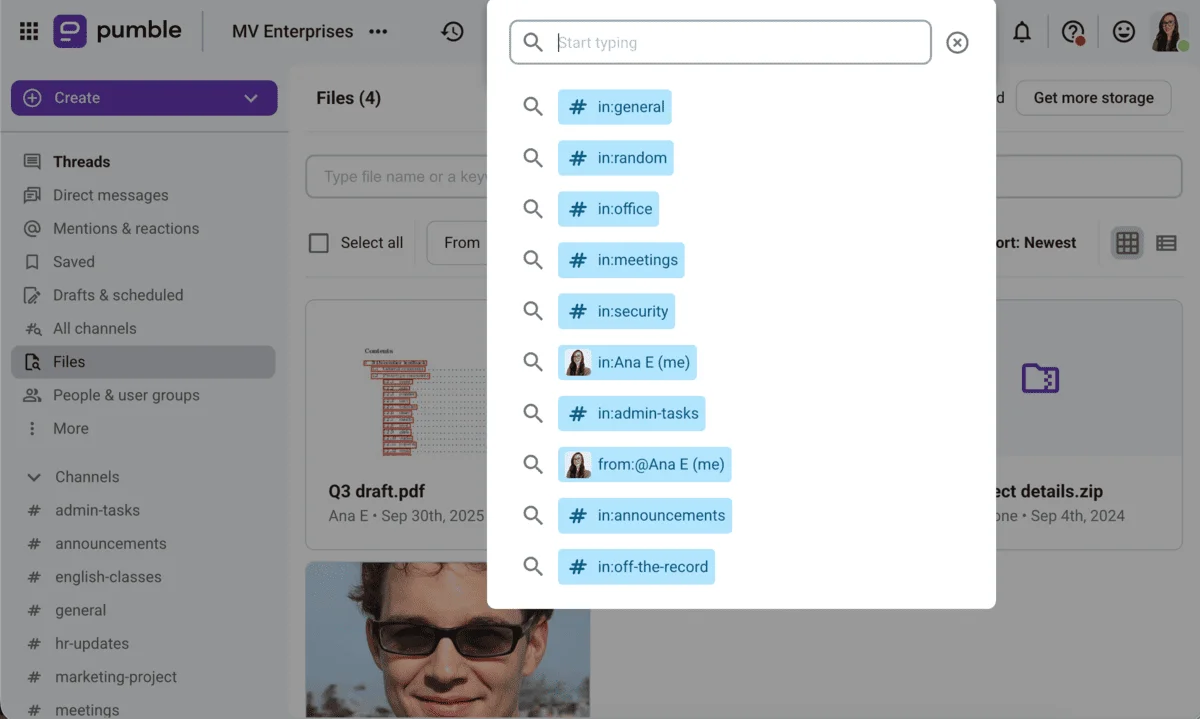 Search options in Pumble by CAKE.com