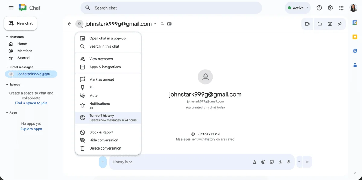 Turning off messaging history in Google Chat