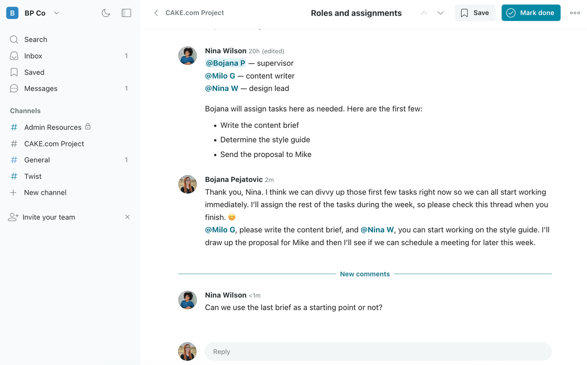 A conversation in one Twist thread