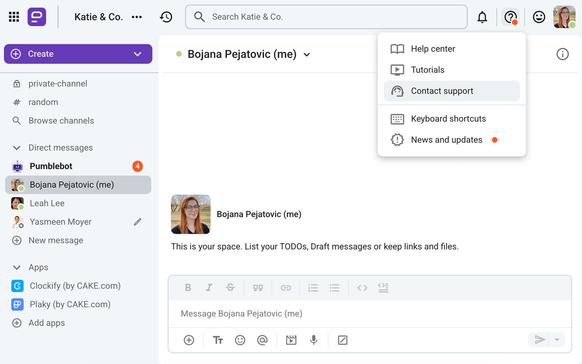 Contact support or browse through the help pages directly from the Pumble app