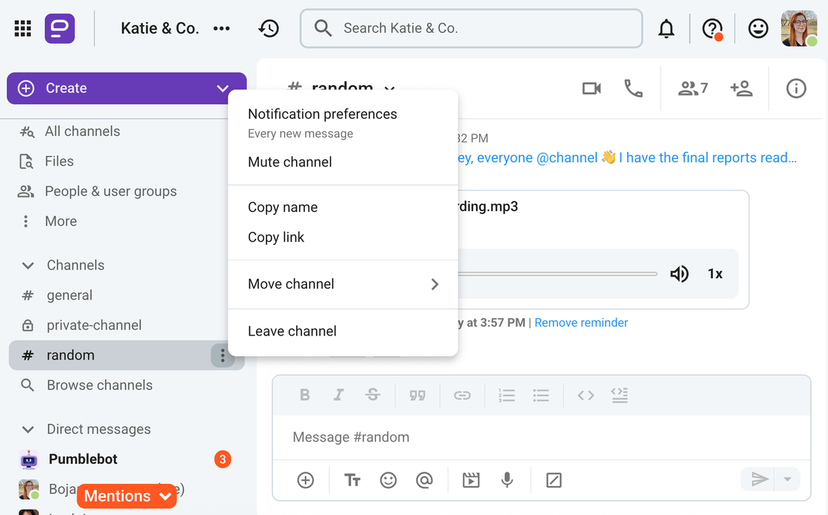 In Pumble, you can mute channels or set specific notification preferences for each one