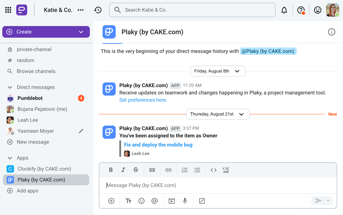 Pumble integrates with Plaky and Clockify, two of its sister products