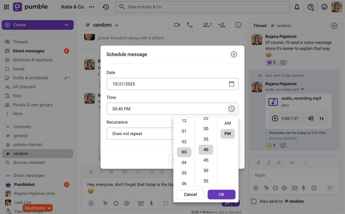 Set reminders or schedule messages to be sent at a later date and time in Pumble