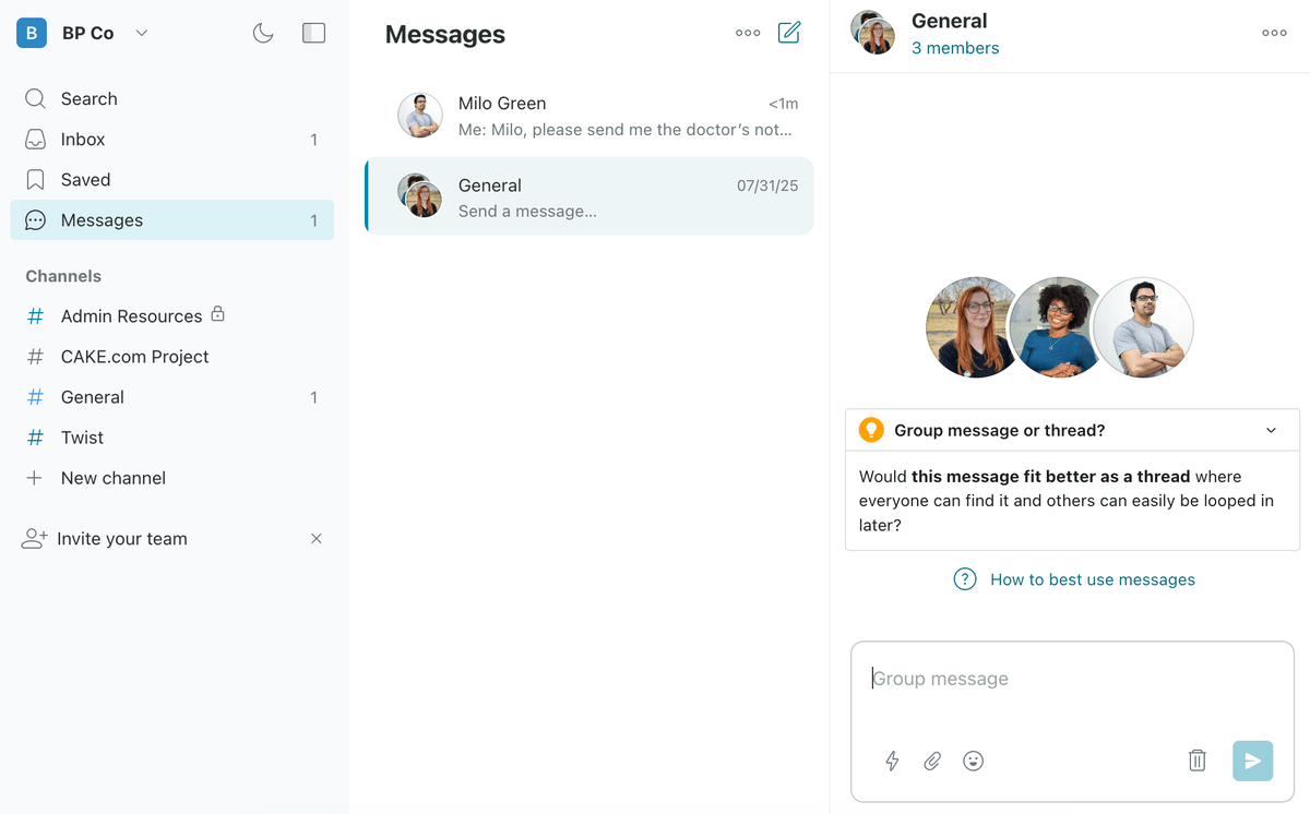 Twist encourages starting threads even when you try to send a direct message