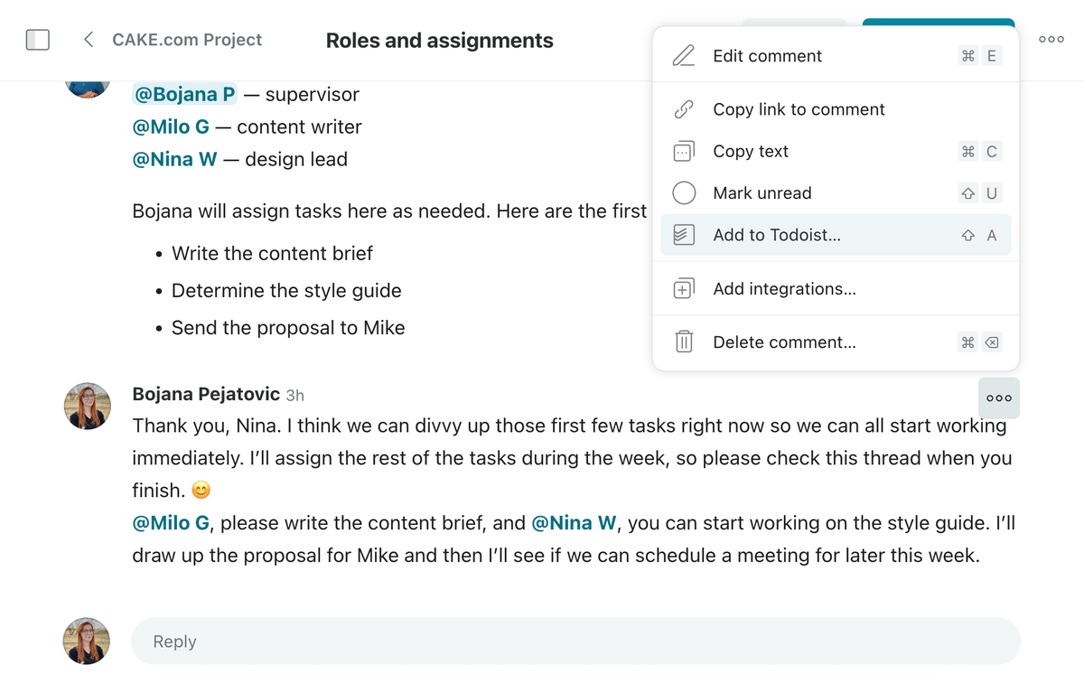 You can add tasks directly from Twist thanks to the Todoist integration