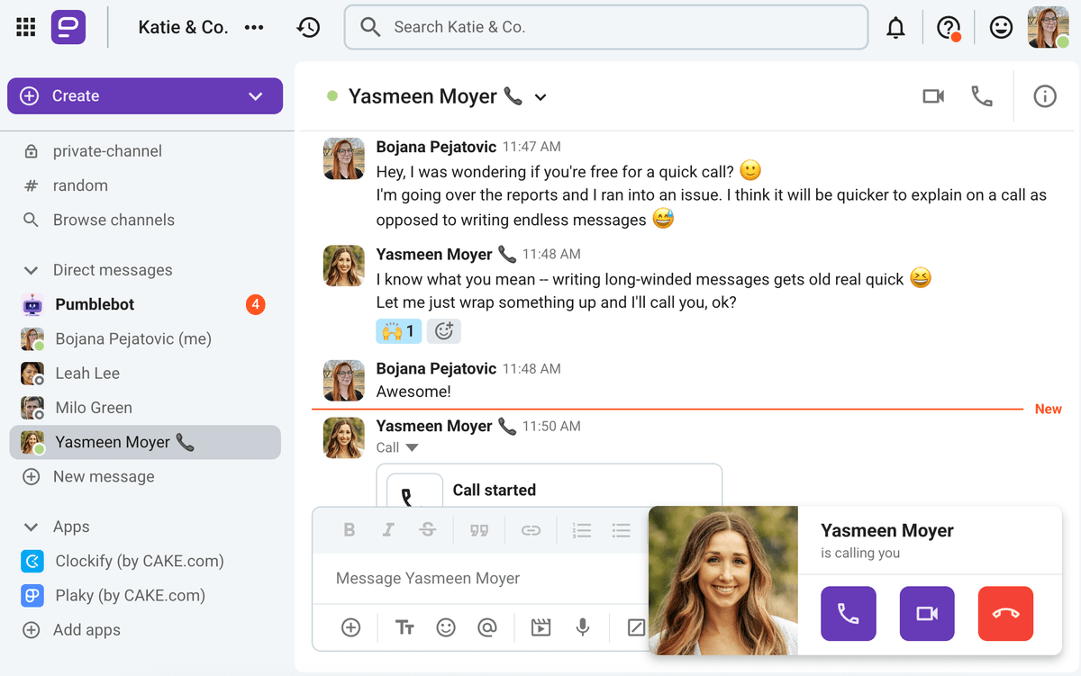 You can start and join audio and video calls directly from the Direct Message window