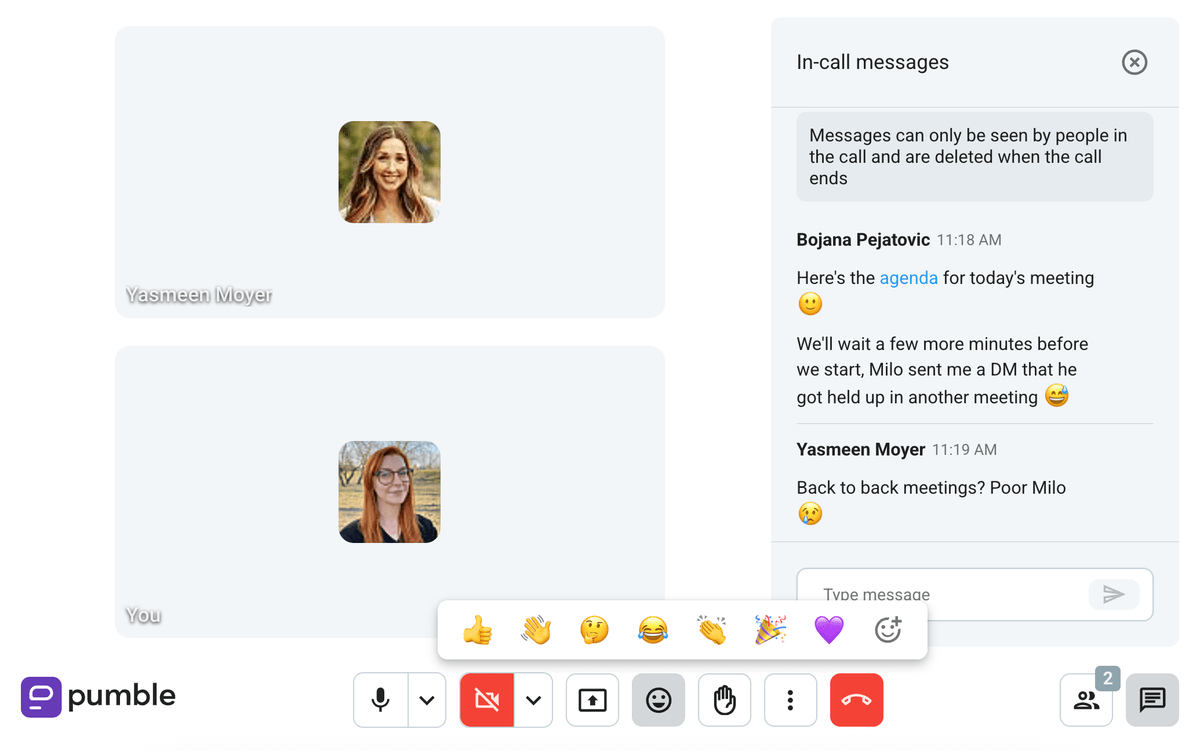You can start audio and video calls with just one click, exchange in-meeting messages, and react with emojis
