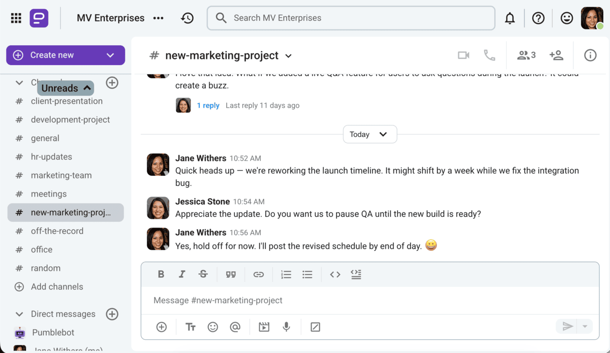 Sharing real-time updates in Pumble, a business messaging app