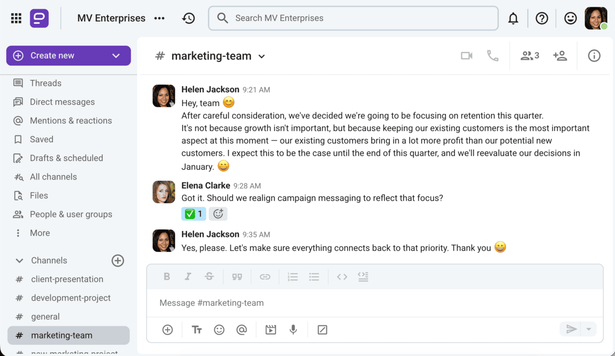 Communicating why changes are being made on Pumble, a team communication app