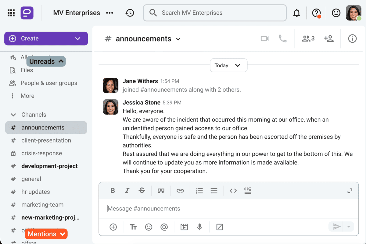 Holding statement in Pumble, a team communication app