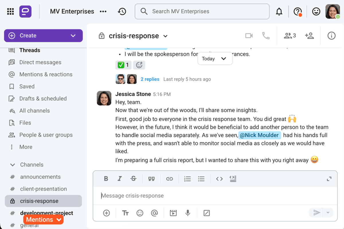 Post-crisis communication in Pumble, a business messaging app