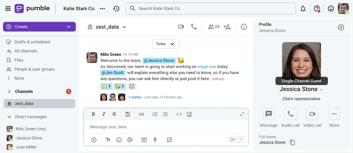 Guest access accounts have guest badges and unique online indicators on Pumble, a business messaging app
