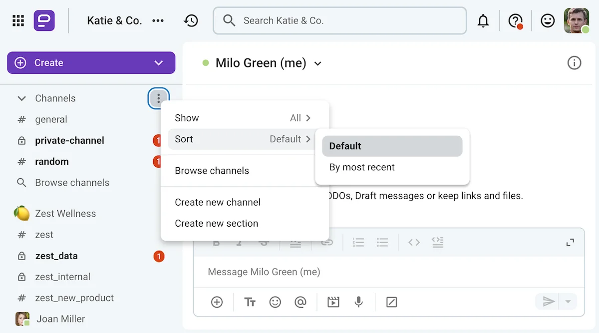 Milo can spot channels with unanswered messages in the sidebar on Pumble, the team communication app