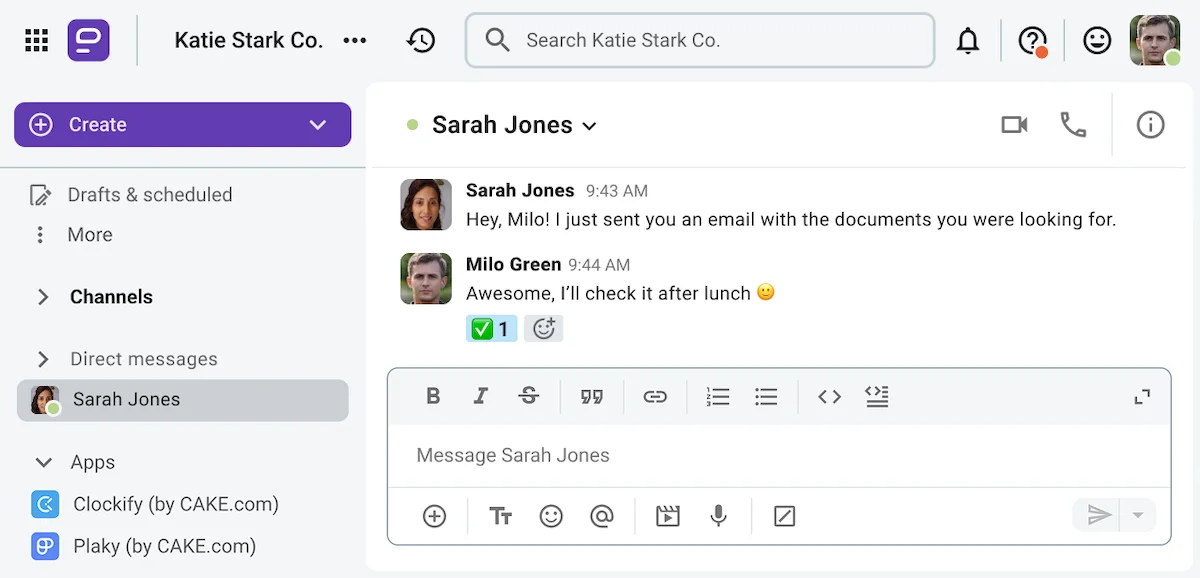Milo receives a heads up about an email from a coworker on Pumble, a team communication app