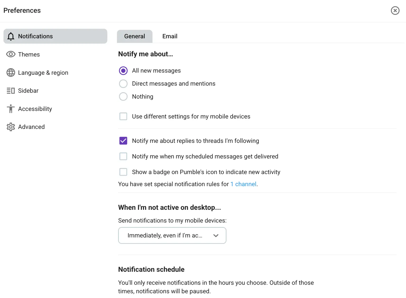 Pumble notification preferences