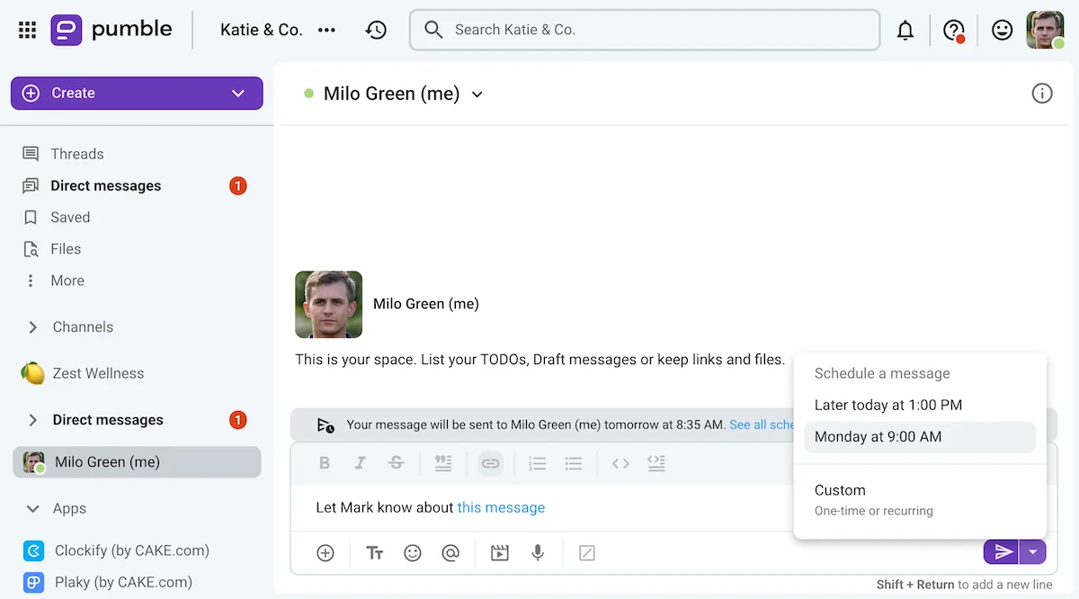Schedule reminders for yourself on your page on Pumble, a team communication app