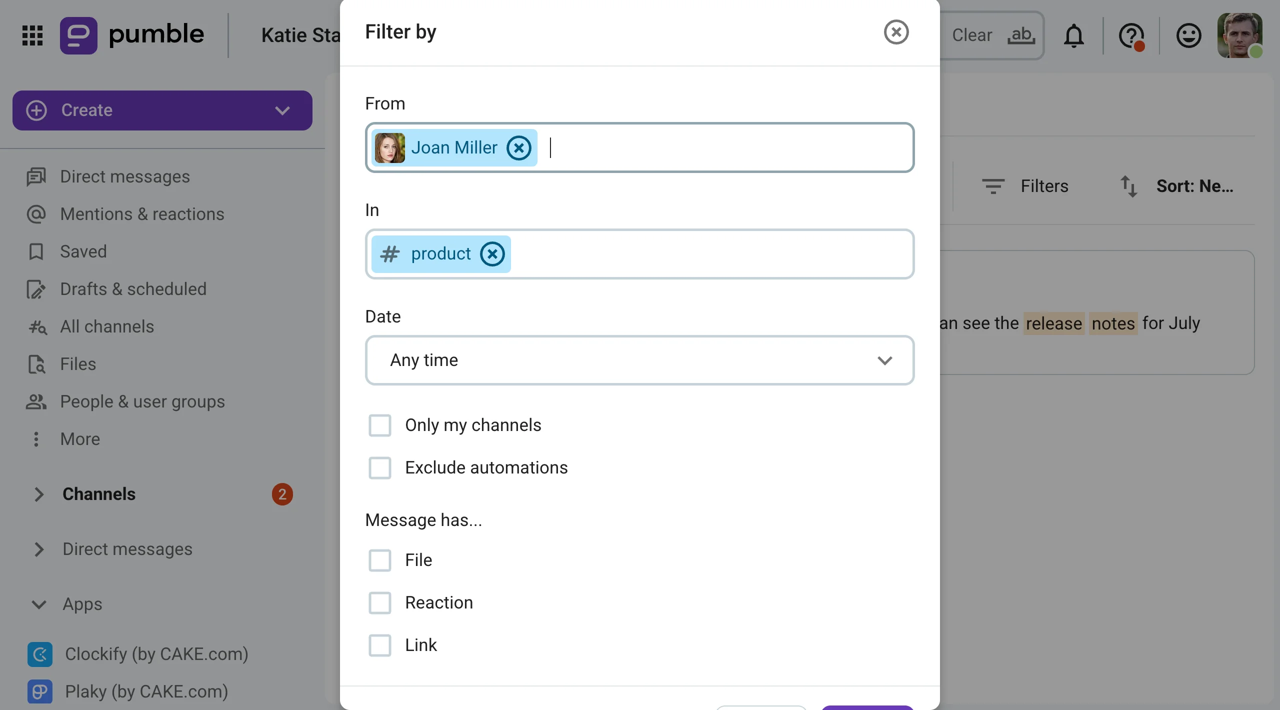 Search filters on Pumble, the business messaging app