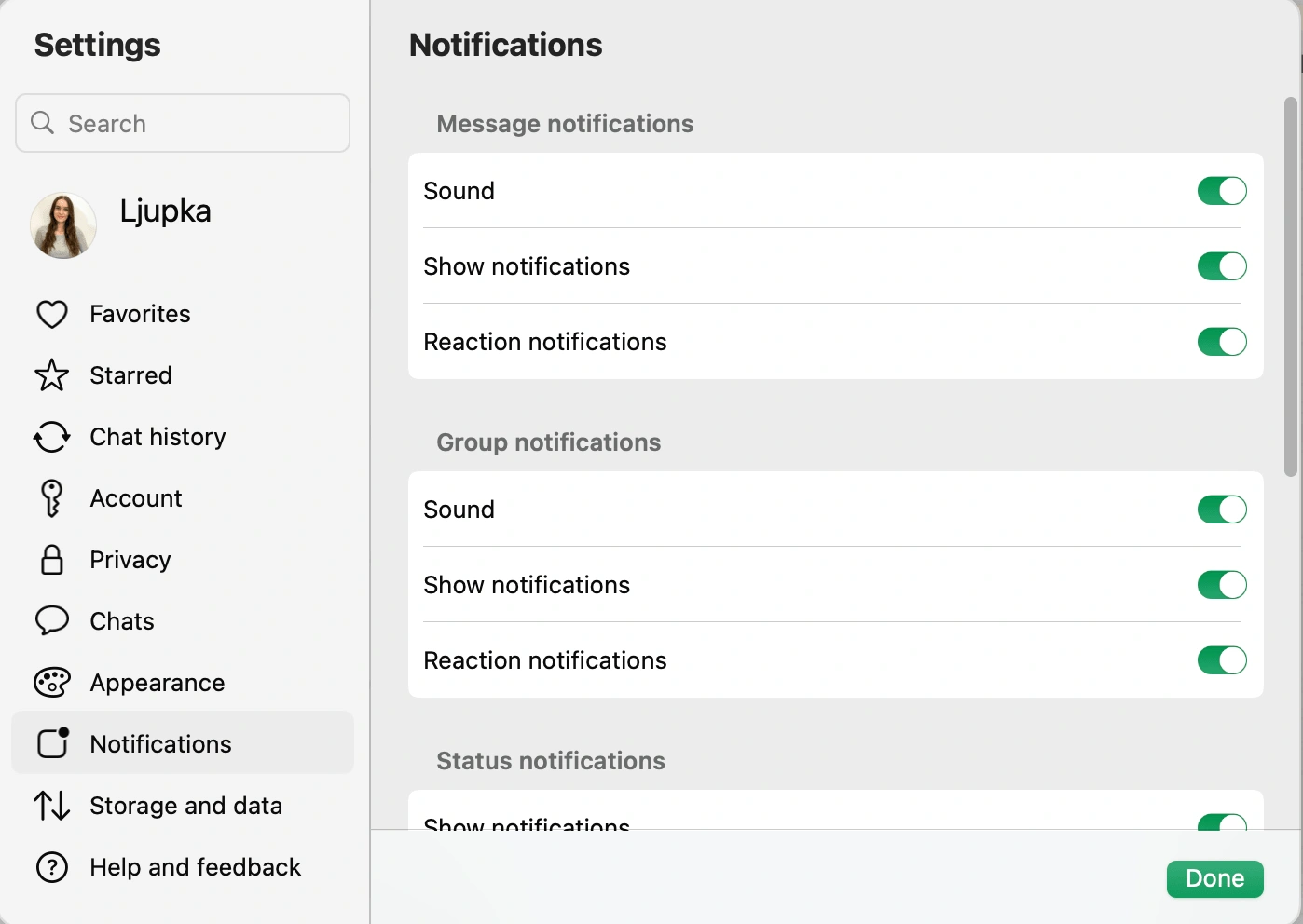 WhatsApp notification settings