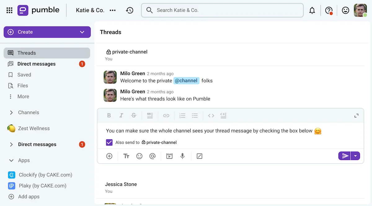 You can see and answer messages directly in the Threads view on Pumble, a business messaging app