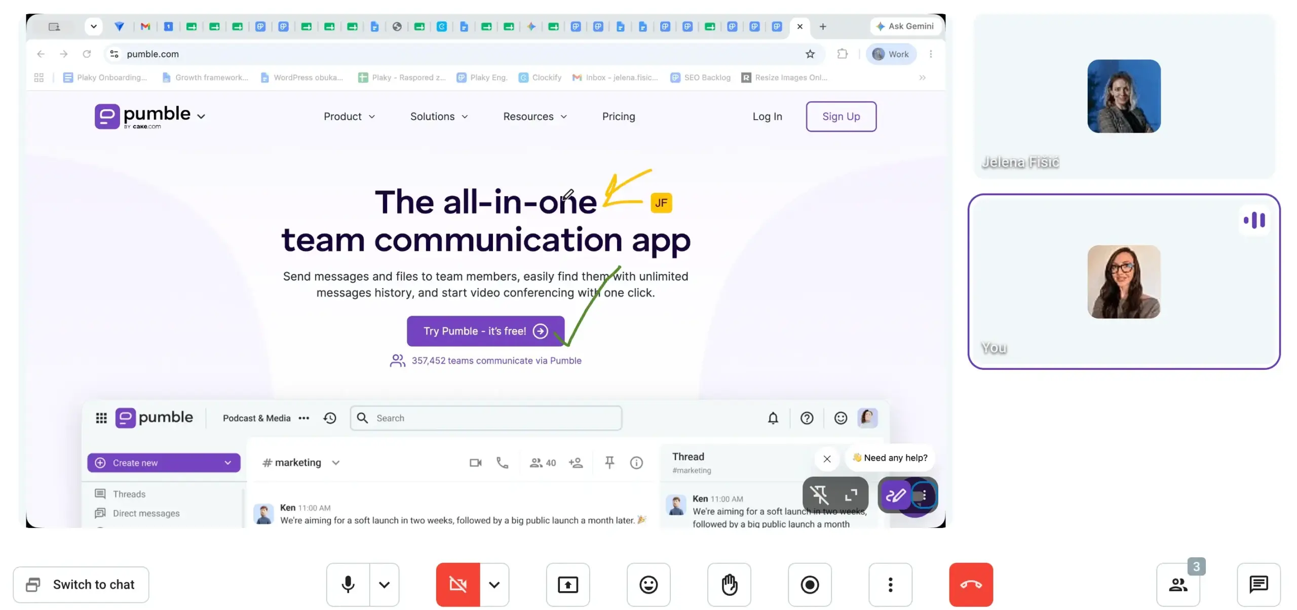 Screen sharing with annotations in Pumble 