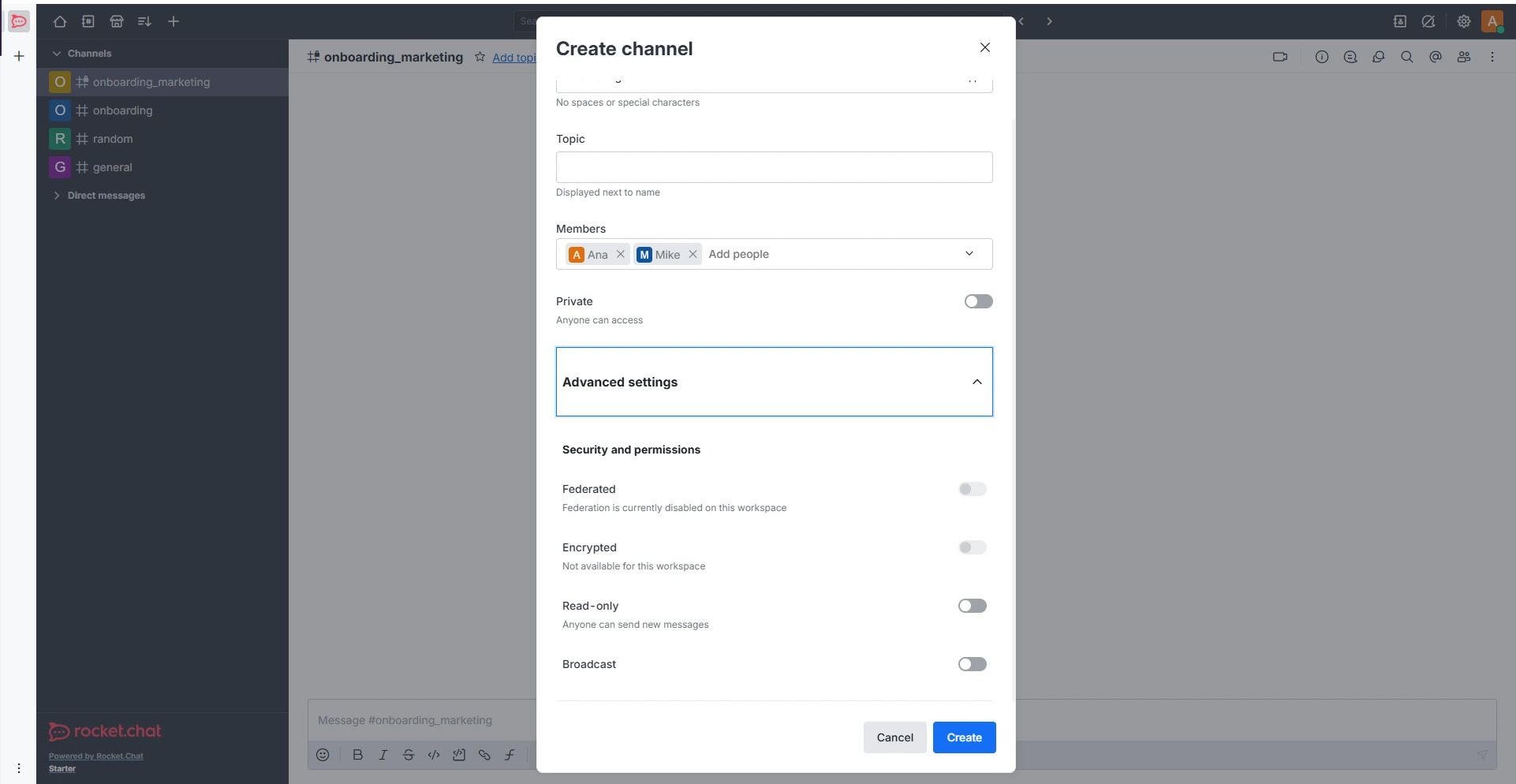 Advanced channel settings in Rocket.Chat