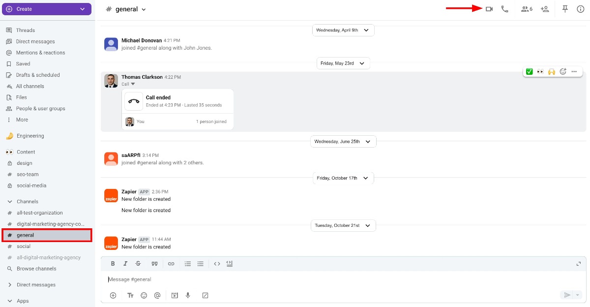 start a call from channel