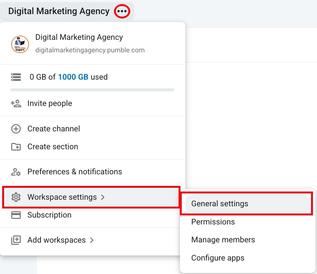 Open general settings in Pumble