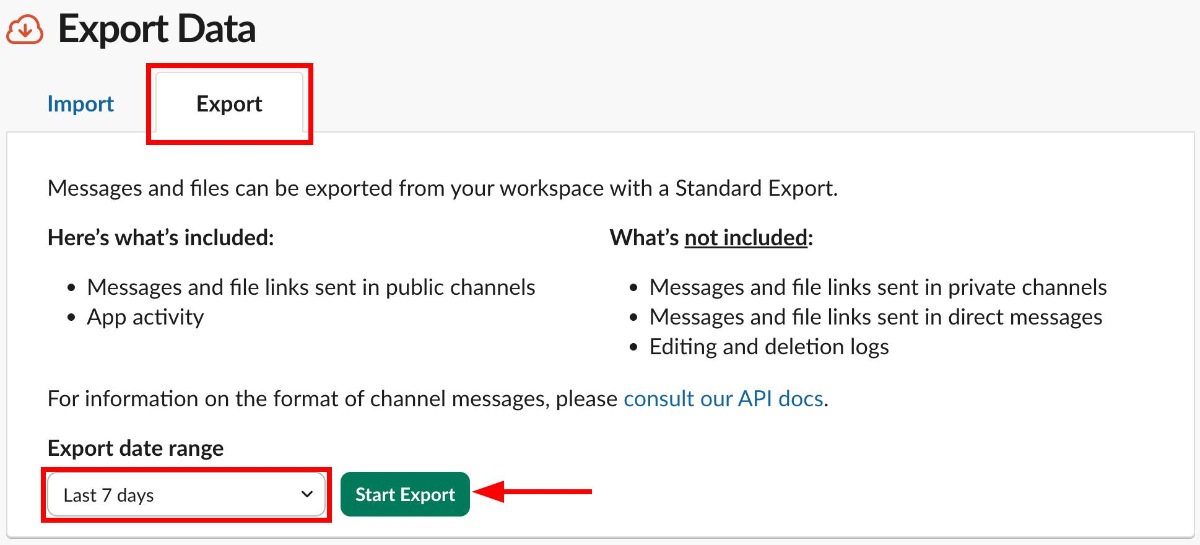 Start an export in Slack