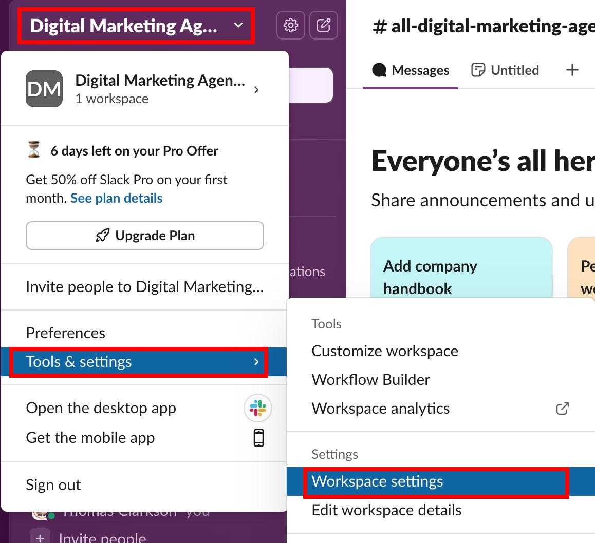 Workspace settings in Slack