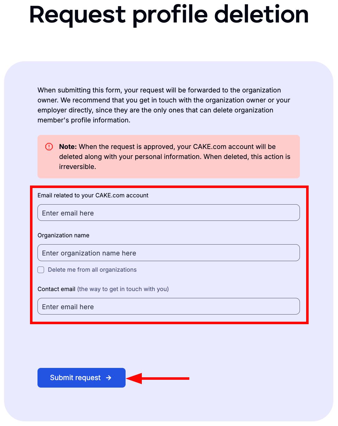 Request profile deletion form