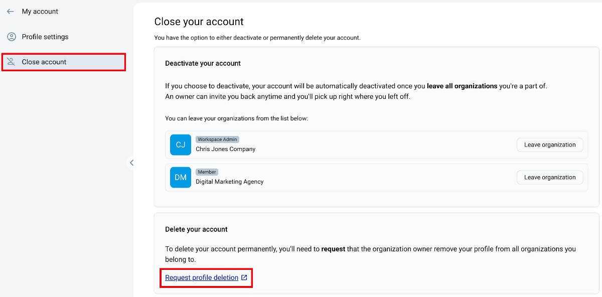 Request profile deletion