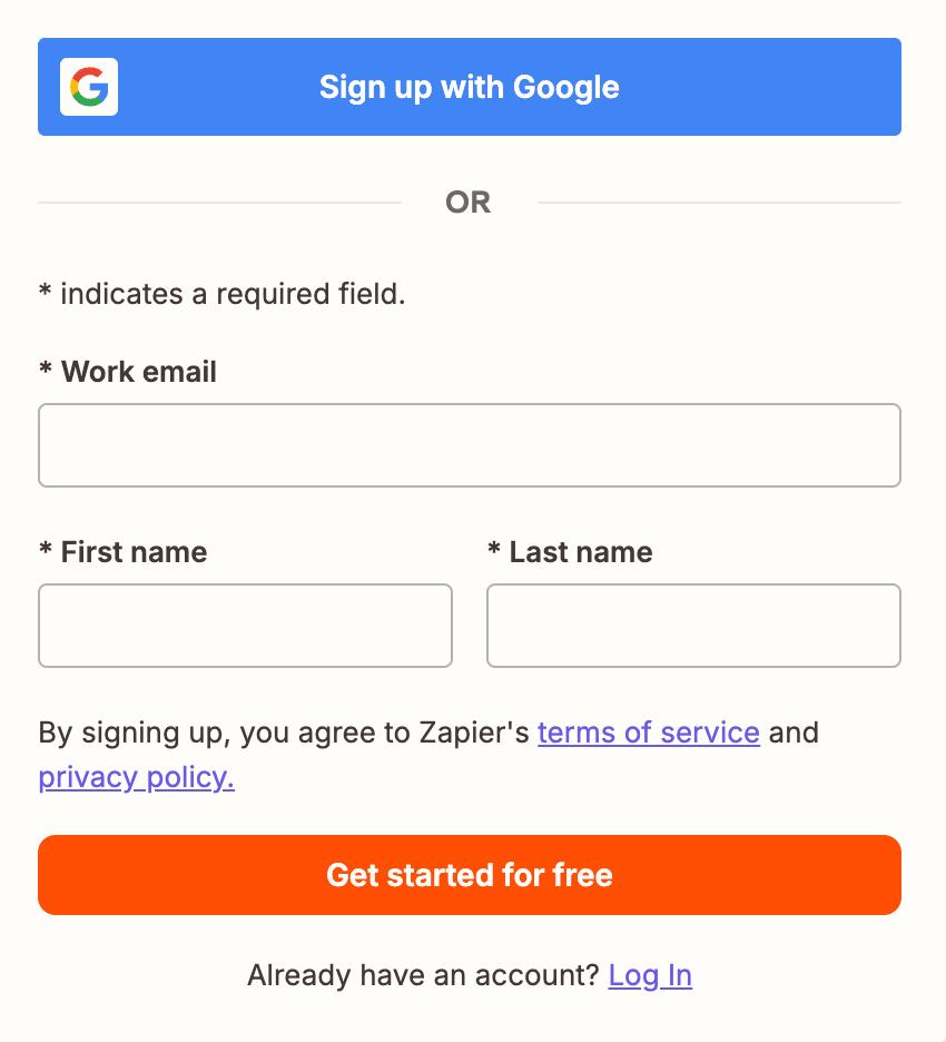 sign up to zapier