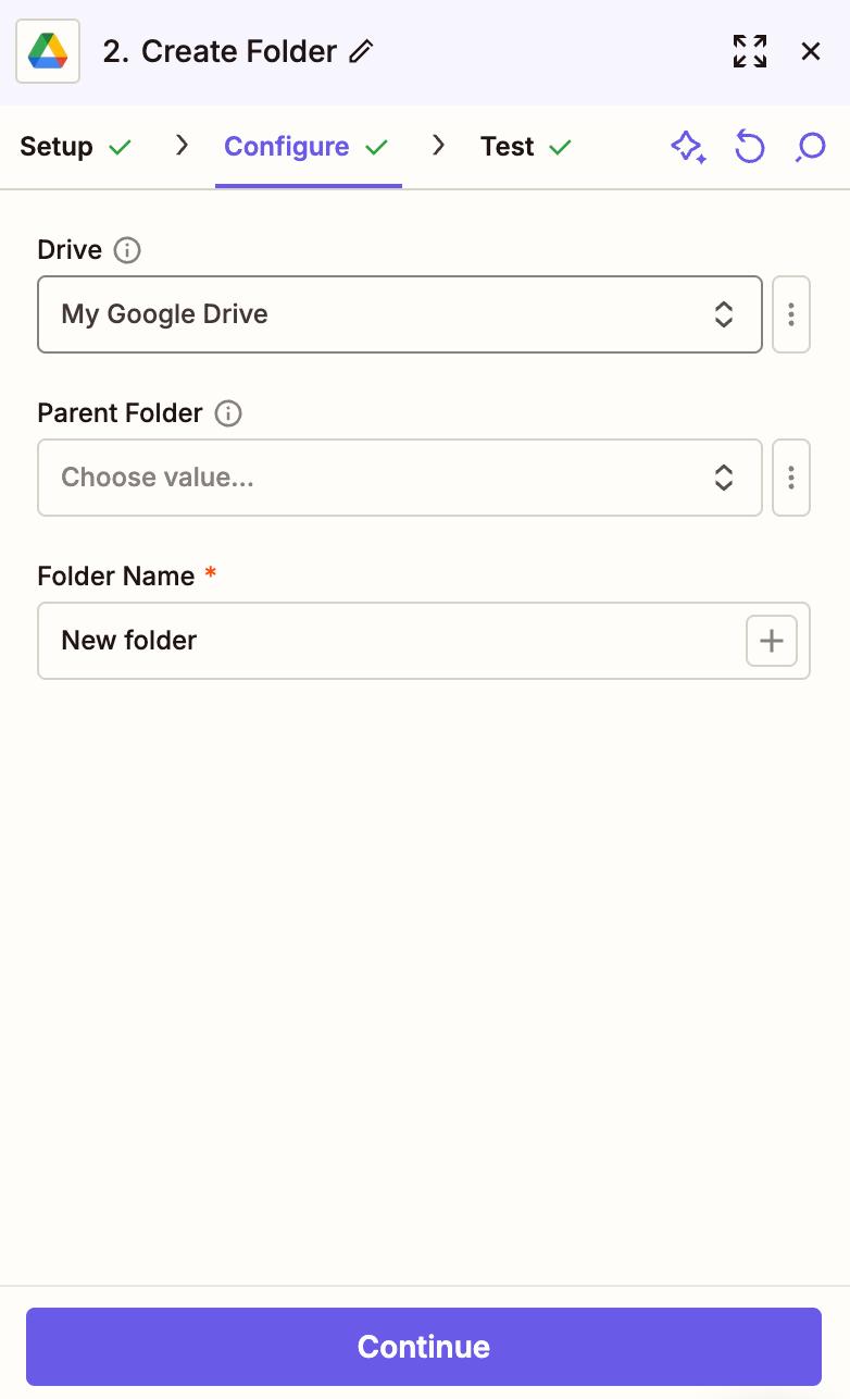 configure zap action google drive