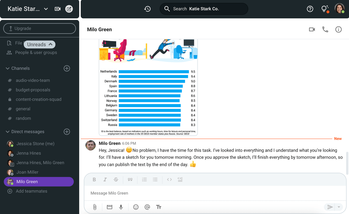 Um receptor decodifica a mensagem recebida no Pumble, um aplicativo de comunicação de equipe, e fornece comentário