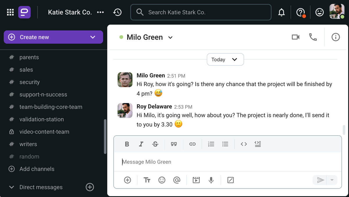 Milo uses the direct message option to ask for an update, via Pumble, a team chat app
