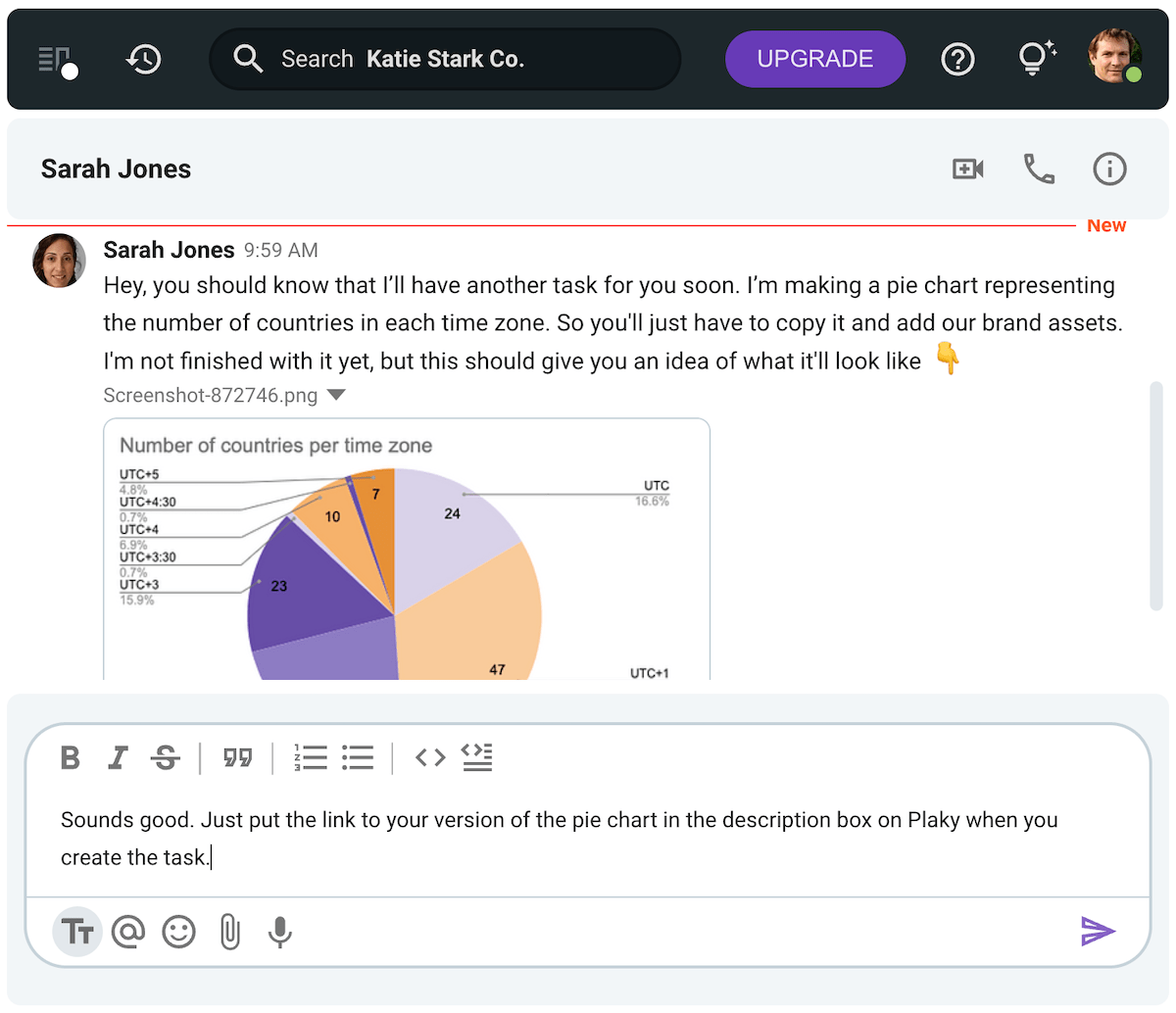 A blog writer requests a pie chart visual from the illustrator she’s working with and is, once again, referred to Plaky, the company’s project management software