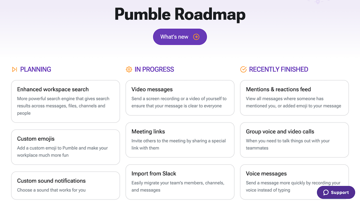 A section of Pumble’s Roadmap page as of February 2023