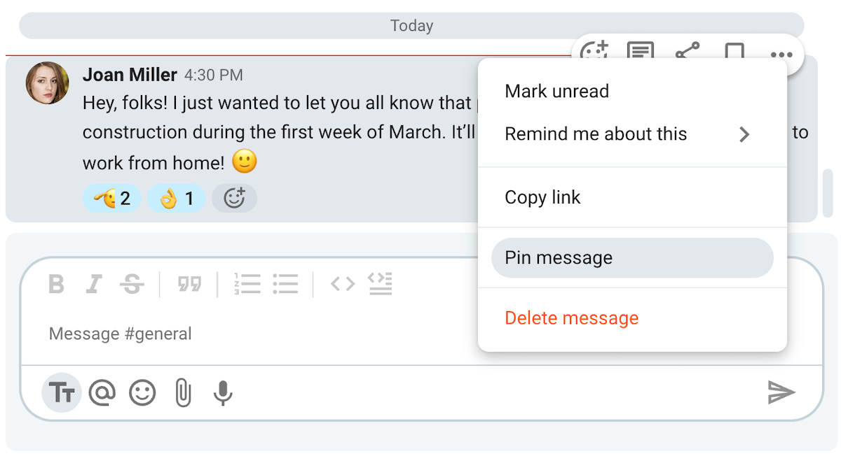 An example of a pinned message on Pumble, a business messaging app