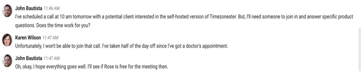Another example of assertive communication in Pumble, a business communication app