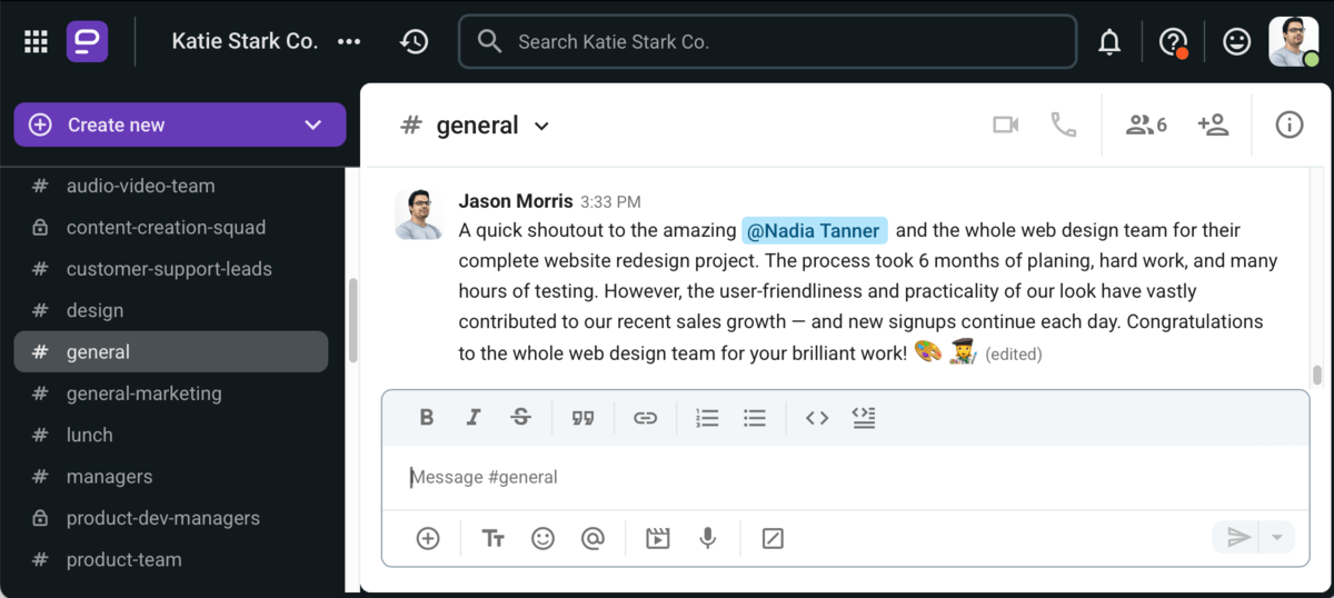 Feedback apreciativo en Pumble, una aplicación de comunicación en equipo