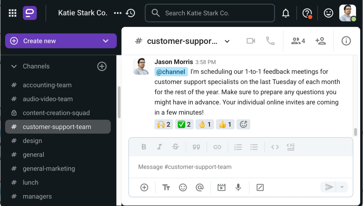 Feedback de coaching en Pumble, una aplicación de comunicación en equipo
