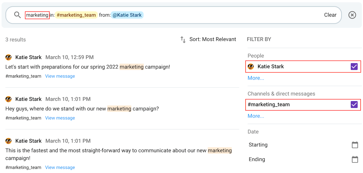 The business communication app, Pumble, allows you to filter your search results and even sort them according to relevancy