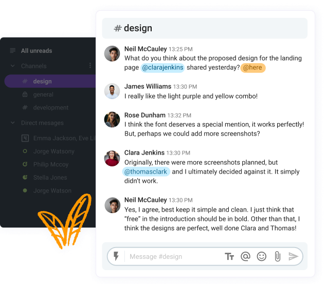 An example of instant messaging in Pumble, a team collaboration app