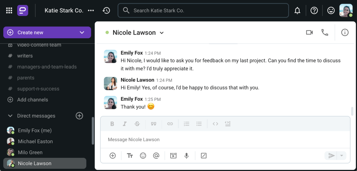Pedir el feedback en Pumble, una aplicación de comunicación en equipo